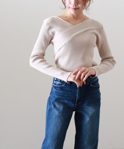 Cheek（チーク）の「カシュクールリブニット（ニット/セーター・レディース・キャメル/アイボリー/グレー・MEDIUM）」の12枚目の写真