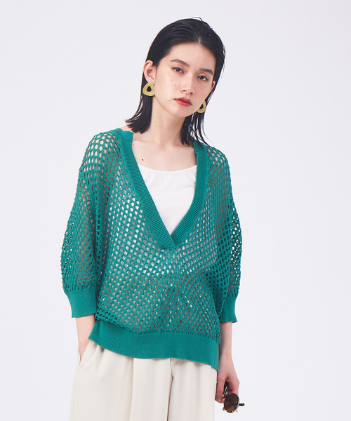 qualite(カリテ)の「アイレットニットプルオーバー(ニット/セーター・レディース・グリーン/ダークネイビー・フリー)」の1枚目の写真