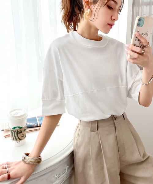 Java（ジャバ）の「《JaVaジャバ コラボ》ゆるっとカジュアル。綿100％切替えビッグシルエットTee（Tシャツ/カットソー・レディース・ホワイト/ライトグレー/ブラック/ライトカーキ・MEDIUM/LARGE/X-LARGE/SMALL）」の13枚目の写真