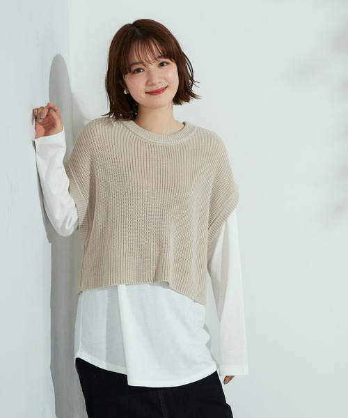 Purple&Yellow（パープルアンドイエロー）の「ニットベスト＆Tシャツセット（ニット/セーター・レディース・グレイッシュベージュ/キナリ・FREE）」の2枚目の写真