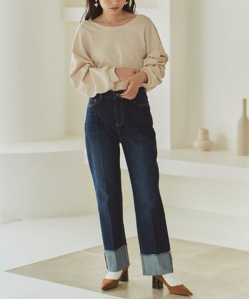 titivate（ティティベイト）の「ﾀｰﾝﾊﾞｯｸｽﾄﾚｰﾄﾃﾞﾆﾑﾊﾟﾝﾂ（デニムパンツ・レディース・ネイビー/ブルー・L/S/M）」の3枚目の写真