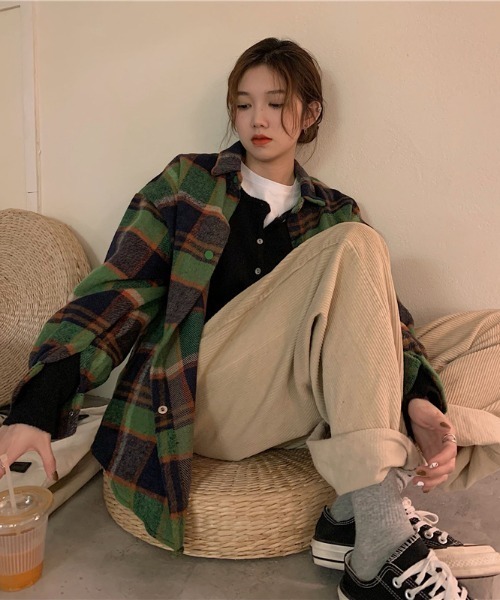 MANGROVE（マングローブ）の「レトロチェックオーバーサイズヘビーネルシャツ（シャツ/ブラウス・レディース・イエロー/グリーン・FREE）」の4枚目の写真