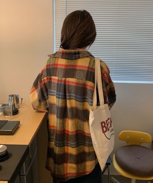 MANGROVE（マングローブ）の「レトロチェックオーバーサイズヘビーネルシャツ（シャツ/ブラウス・レディース・イエロー/グリーン・FREE）」の7枚目の写真