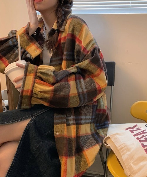 MANGROVE（マングローブ）の「レトロチェックオーバーサイズヘビーネルシャツ（シャツ/ブラウス・レディース・イエロー/グリーン・FREE）」の9枚目の写真