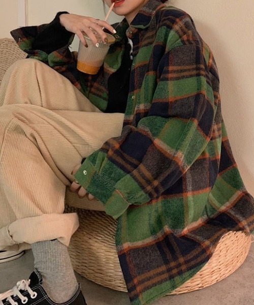 MANGROVE（マングローブ）の「レトロチェックオーバーサイズヘビーネルシャツ（シャツ/ブラウス・レディース・イエロー/グリーン・FREE）」の13枚目の写真