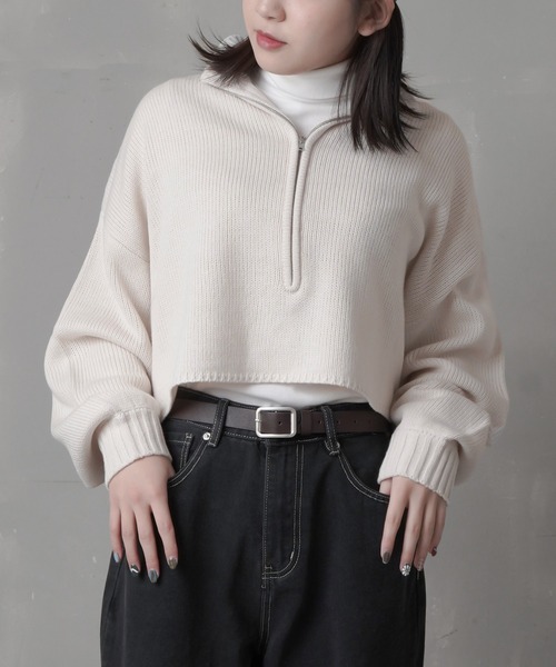 SPINNS（スピンズ）の「ハーフジップ ショートニット（ニット/セーター・レディース・ナチュラル/ライトグリーン/ダークブルー/ブラック・ONESIZE）」の2枚目の写真