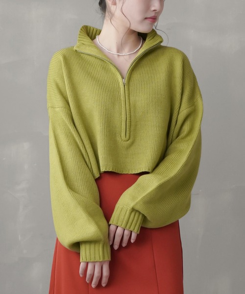 SPINNS（スピンズ）の「ハーフジップ ショートニット（ニット/セーター・レディース・ナチュラル/ライトグリーン/ダークブルー/ブラック・ONESIZE）」の3枚目の写真