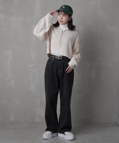 SPINNS（スピンズ）の「ハーフジップ ショートニット（ニット/セーター・レディース・ナチュラル/ライトグリーン/ダークブルー/ブラック・ONESIZE）」の17枚目の写真