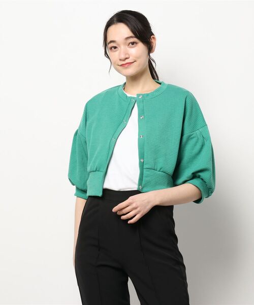 INCEDE（インシード）の「スナップ釦 ワッフルショートカーディガン（カーディガン/ボレロ・レディース・オレンジ/ブラック/グリーン・LL/3L/4L/M/L）」の7枚目の写真