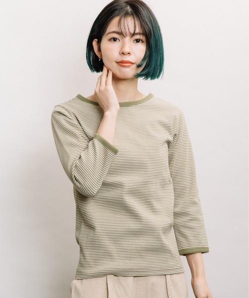 refinedworks(リファインドワークス)の「ボーダーテレコ7分袖インナー(Tシャツ/カットソー・レディース・チャコールグレー/ベージュ/ブルー・FREE)」の2枚目の写真