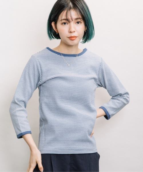 refinedworks(リファインドワークス)の「ボーダーテレコ7分袖インナー(Tシャツ/カットソー・レディース・チャコールグレー/ベージュ/ブルー・FREE)」の12枚目の写真