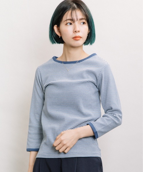 refinedworks(リファインドワークス)の「ボーダーテレコ7分袖インナー(Tシャツ/カットソー・レディース・チャコールグレー/ベージュ/ブルー・FREE)」の13枚目の写真