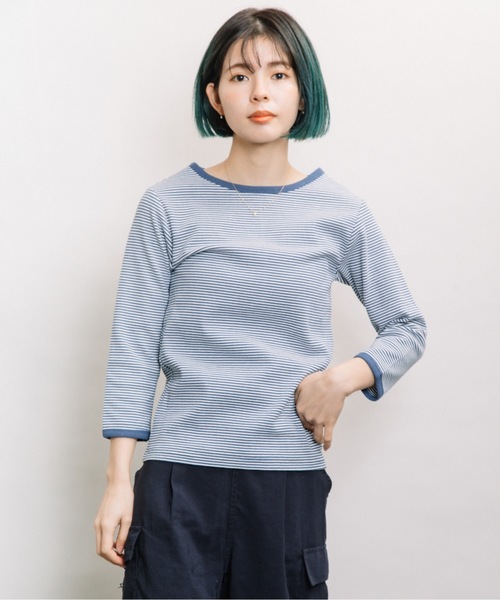 refinedworks(リファインドワークス)の「ボーダーテレコ7分袖インナー(Tシャツ/カットソー・レディース・チャコールグレー/ベージュ/ブルー・FREE)」の14枚目の写真