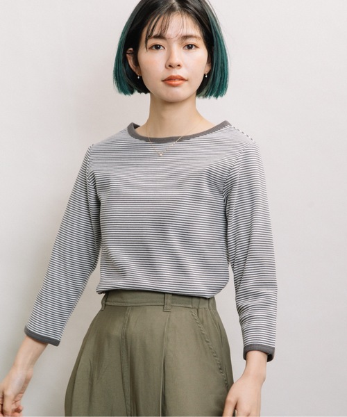 refinedworks(リファインドワークス)の「ボーダーテレコ7分袖インナー(Tシャツ/カットソー・レディース・チャコールグレー/ベージュ/ブルー・FREE)」の21枚目の写真