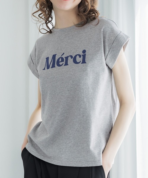 tシャツ 袖ロールアップロゴプリントＴシャツ レディース 箔プリント袖ロールアップTシャツ（Tシャツ/カットソー）｜coca
