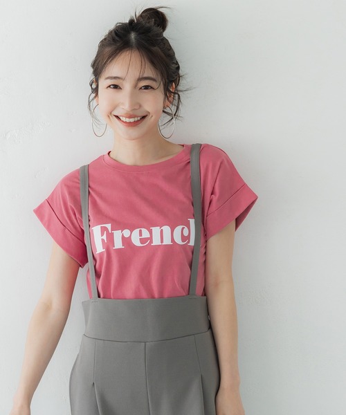 coca（coca）（コカ）の「ロゴプリントロールアップ袖Tシャツ（Tシャツ/カットソー・レディース・ホワイト/ネイビー/アイボリー/ダークグリーン/ピンク/チャコールグレー/グレー/レッド/ライトブルー・ONE SIZE）」の9枚目の写真