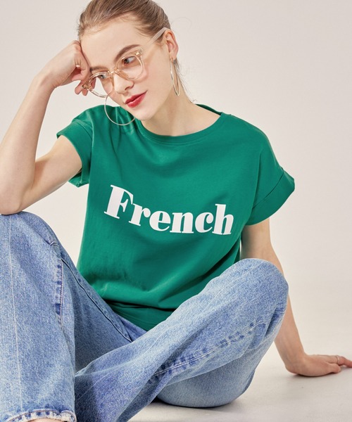 coca（coca）（コカ）の「ロゴプリントロールアップ袖Tシャツ（Tシャツ/カットソー・レディース・ホワイト/ネイビー/アイボリー/ダークグリーン/ピンク/チャコールグレー/グレー/レッド/ライトブルー・ONE SIZE）」の6枚目の写真