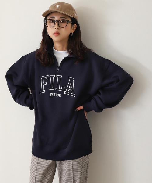 FILA（フィラ）の「【別注】 【FILA】 韓国風 ロゴ 刺繍 ハーフジップ 裏起毛 スウェット トレーナー（スウェット・レディース・ホワイト/ブラック/ネイビー/オートミール/杢グレー・MEDIUM/LARGE/X-LARGE）」の5枚目の写真
