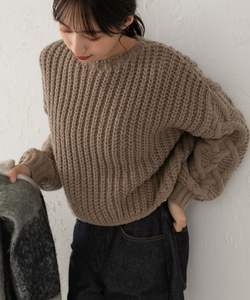 fifth（フィフス）の「袖ケーブルあぜ編みボリュームニット（ニット/セーター・レディース・グリーン/アイボリー/モカ・M）」の15枚目の写真