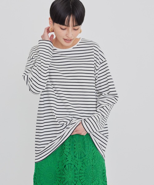 AMERICAN HOLIC(アメリカンホリック)の「クルーネックボーダーロングプルオーバー(Tシャツ/カットソー・レディース・ピンク/ネイビー/サックスブルー/ミント/グリーン/ラベンダー/ブルーグリーン/ブラック・M/L)」の2枚目の写真