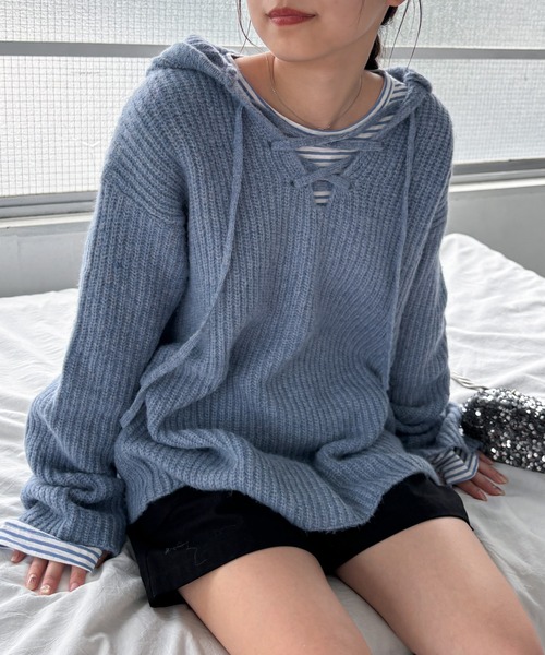 さゆ　グレー リブ編み レースアップ セーター さゆ様専用 グレー リブ編み レースアップ セーター - トップス在庫 処分