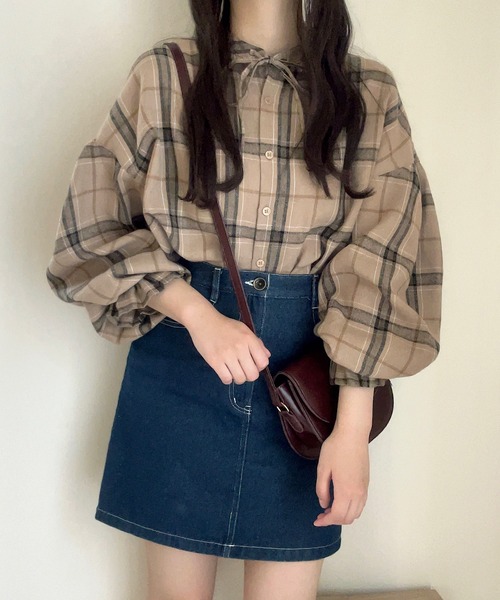 yukiemon.袖リボンチェックブラウス yukiemon.袖リボンチェックブラウス 【公式通販】