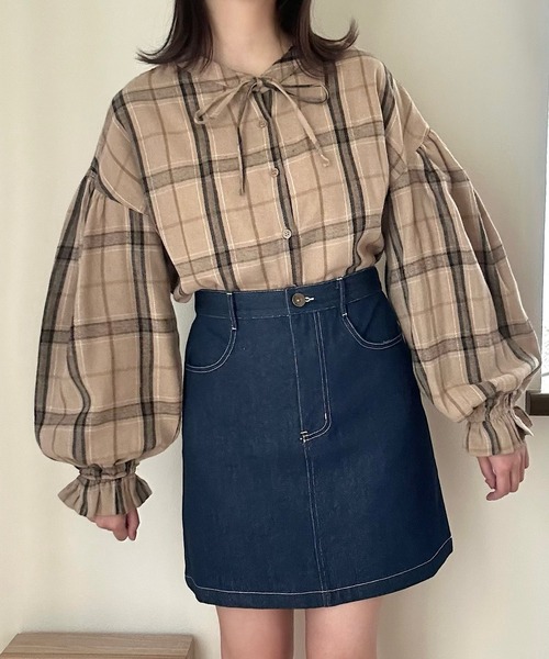 コットンリネン細番手ブロックチェックブラウス（blue willow