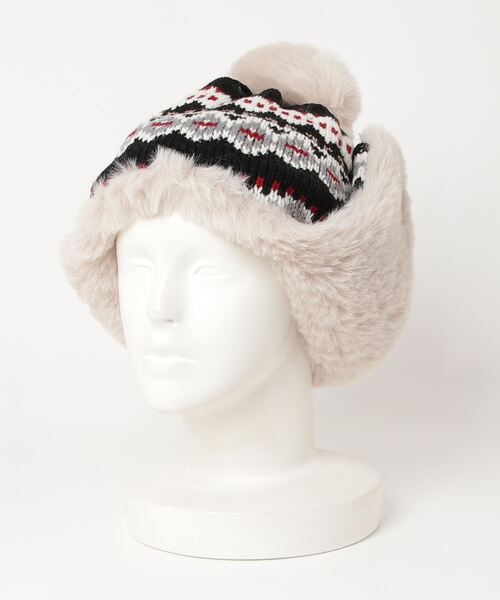 HIKA（ヒカ）の「【HIKA】イヤーフラップ付きジャガードCAP（ニットキャップ/ビーニー・レディース・ネイビー/マルチ/グレー/レッド/ベージュ・FREE）」の8枚目の写真
