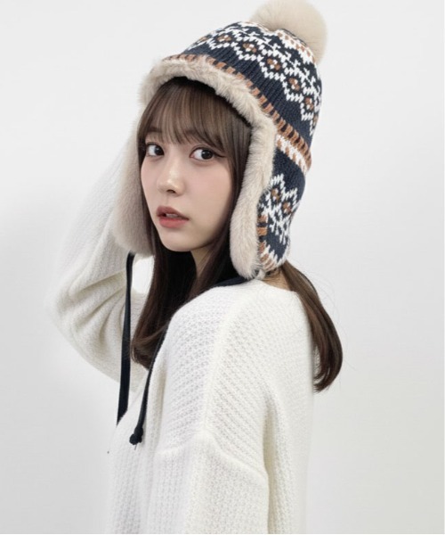 セール】【HIKA】イヤーフラップ付きジャガードCAP（ニットキャップ