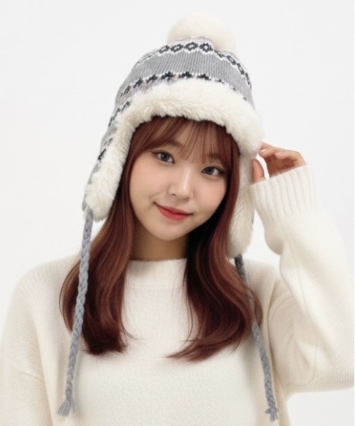 セール】【HIKA】イヤーフラップ付きジャガードCAP（ニットキャップ