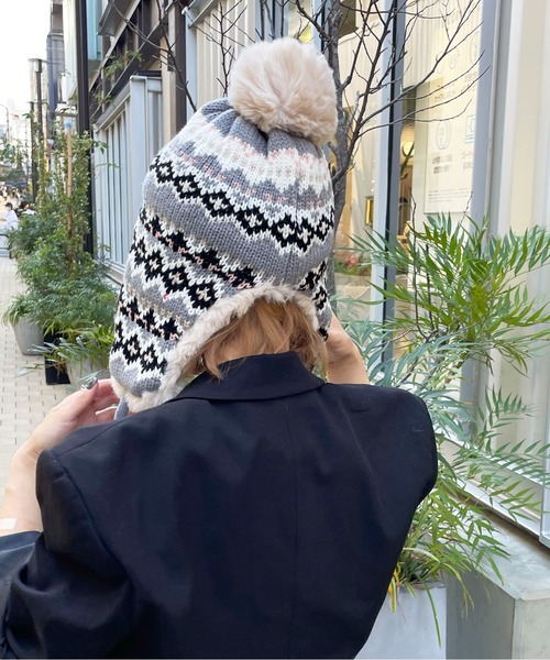 HIKA（ヒカ）の「【HIKA】イヤーフラップ付きジャガードCAP（ニットキャップ/ビーニー・レディース・ネイビー/マルチ/グレー/レッド/ベージュ・FREE）」の12枚目の写真