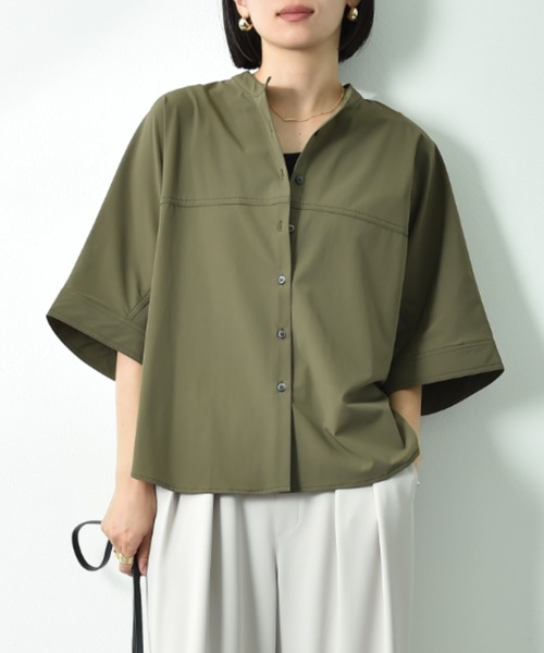 INTERPLANET(インタープラネット)の「【撥水・UV・接触冷感】バンドカラードルマンシャツ(シャツ/ブラウス・レディース・ブラック/ベージュ/ブルー/カーキ/ダークベージュ・FREE)」の4枚目の写真