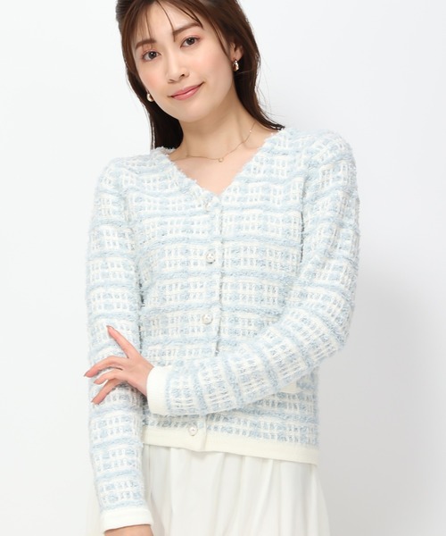 MISCH MASCH(ミッシュマッシュ)の「ペーパーヤーンツイードニットジャケット/MM418402(ノーカラージャケット・レディース・ベージュ/ホワイト/ライトブルー・フリ-)」の3枚目の写真