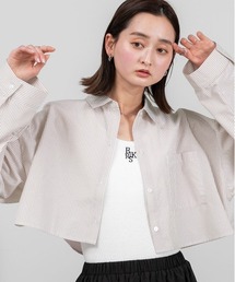 ポケット付き ショート丈 ストライプシャツ
