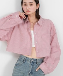 ポケット付き ショート丈 ストライプシャツ