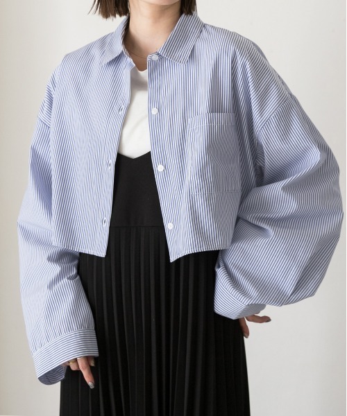 ◇シャツ◇【boohoo】ストライプポケットディテールシャツ / 2色 セール】ポケット付き ショート丈 ストライプシャツ（シャツ
