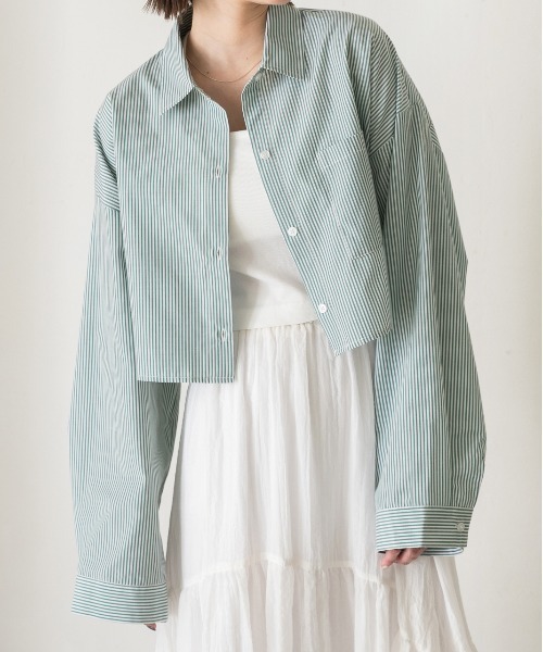 ad thie（アドティエ）の「ポケット付き ショート丈 ストライプシャツ（シャツ/ブラウス・レディース・ピンク/グリーン/オリーブ/ライトブルー/オフホワイト/ブルー/レッド/ベージュ・FREE）」の5枚目の写真