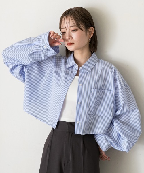 ◇シャツ◇【boohoo】ストライプポケットディテールシャツ / 2色 セール】ポケット付き ショート丈 ストライプシャツ（シャツ