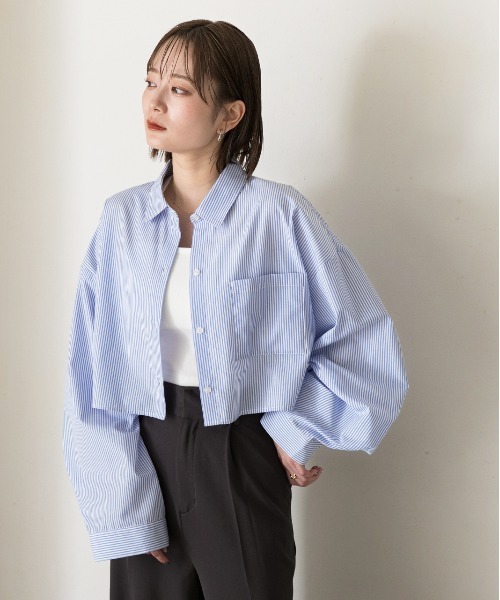 未使用◼️JOURNAL STANDARD ストライプ柄ショート丈ワイドシャツ ブラウス シャツ ストライプ柄チュール被せショート丈シャツ