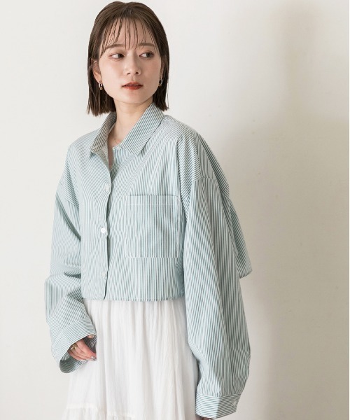 ad thie（アドティエ）の「ポケット付き ショート丈 ストライプシャツ（シャツ/ブラウス・レディース・ピンク/グリーン/オリーブ/ライトブルー/オフホワイト/ブルー/レッド/ベージュ・FREE）」の19枚目の写真