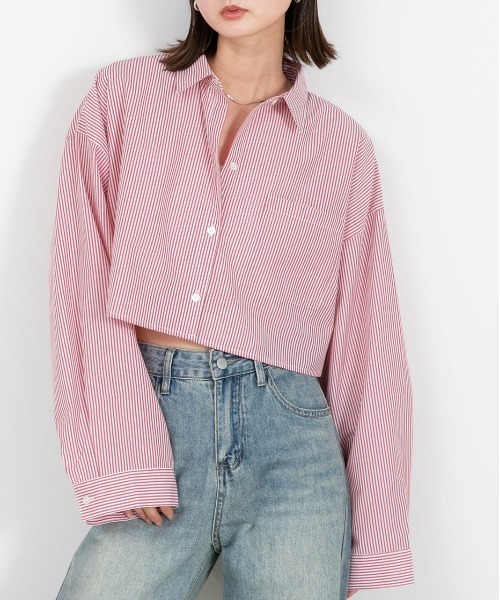 ◇シャツ◇【boohoo】ストライプポケットディテールシャツ / 2色 セール】ポケット付き ショート丈 ストライプシャツ（シャツ