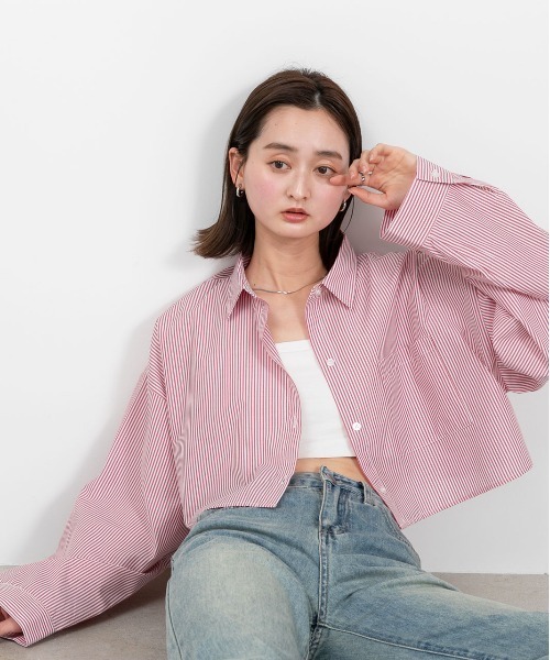 セール】ポケット付き ショート丈 ストライプシャツ（シャツ/ブラウス