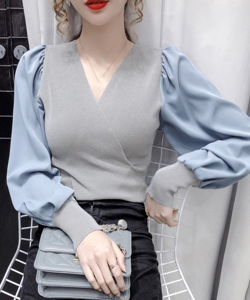Miniministore(ミニミニストア)の「バルーン袖 リブニットトップス 韓国風(Tシャツ/カットソー・レディース・グレー/ブラック/ホワイト・FREE)」の1枚目の写真