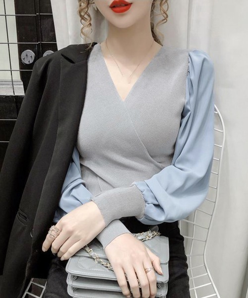 Miniministore(ミニミニストア)の「バルーン袖 リブニットトップス 韓国風(Tシャツ/カットソー・レディース・グレー/ブラック/ホワイト・FREE)」の13枚目の写真