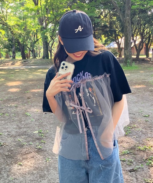 AS KNOW AS plus(アズノゥアズプラス)の「◎チュールリボン ロックTシャツ(Tシャツ/カットソー・レディース・ブラック×グレー/ホワイト×ブラック/チャコールグレー×ブラック/ホワイト系/グレー系/アイボリー系/ホワイト系1/グレー系1/アイボリー系1/アイボリー系2・FREE)」の5枚目の写真