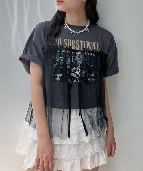 AS KNOW AS plus(アズノゥアズプラス)の「◎チュールリボン ロックTシャツ(Tシャツ/カットソー・レディース・ブラック×グレー/ホワイト×ブラック/チャコールグレー×ブラック/ホワイト系/グレー系/アイボリー系/ホワイト系1/グレー系1/アイボリー系1/アイボリー系2・FREE)」の18枚目の写真
