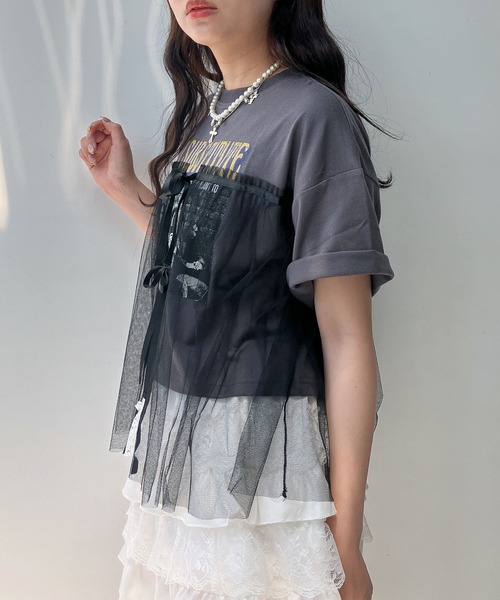 AS KNOW AS plus(アズノゥアズプラス)の「◎チュールリボン ロックTシャツ(Tシャツ/カットソー・レディース・ブラック×グレー/ホワイト×ブラック/チャコールグレー×ブラック/ホワイト系/グレー系/アイボリー系/ホワイト系1/グレー系1/アイボリー系1/アイボリー系2・FREE)」の20枚目の写真