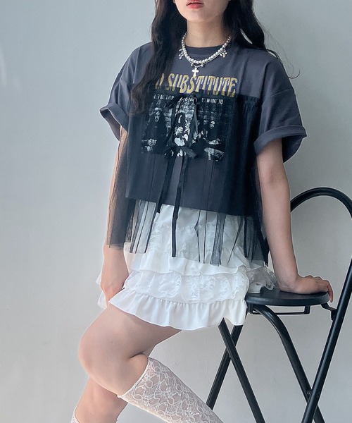AS KNOW AS plus(アズノゥアズプラス)の「◎チュールリボン ロックTシャツ(Tシャツ/カットソー・レディース・ブラック×グレー/ホワイト×ブラック/チャコールグレー×ブラック/ホワイト系/グレー系/アイボリー系/ホワイト系1/グレー系1/アイボリー系1/アイボリー系2・FREE)」の22枚目の写真