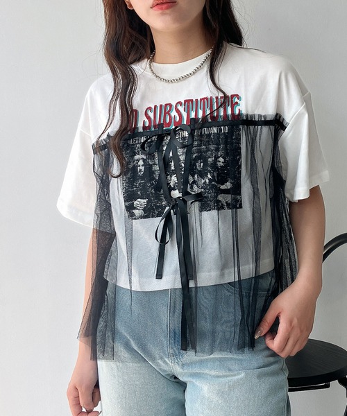 AS KNOW AS plus(アズノゥアズプラス)の「◎チュールリボン ロックTシャツ(Tシャツ/カットソー・レディース・ブラック×グレー/ホワイト×ブラック/チャコールグレー×ブラック/ホワイト系/グレー系/アイボリー系/ホワイト系1/グレー系1/アイボリー系1/アイボリー系2・FREE)」の12枚目の写真