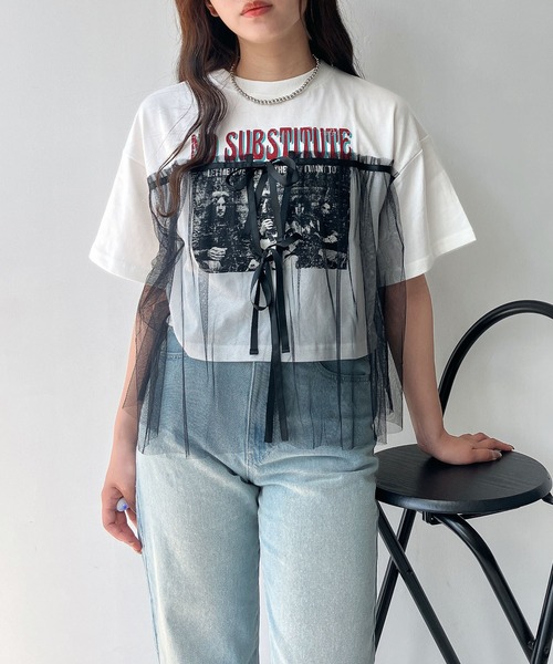 AS KNOW AS plus(アズノゥアズプラス)の「◎チュールリボン ロックTシャツ(Tシャツ/カットソー・レディース・ブラック×グレー/ホワイト×ブラック/チャコールグレー×ブラック/ホワイト系/グレー系/アイボリー系/ホワイト系1/グレー系1/アイボリー系1/アイボリー系2・FREE)」の13枚目の写真